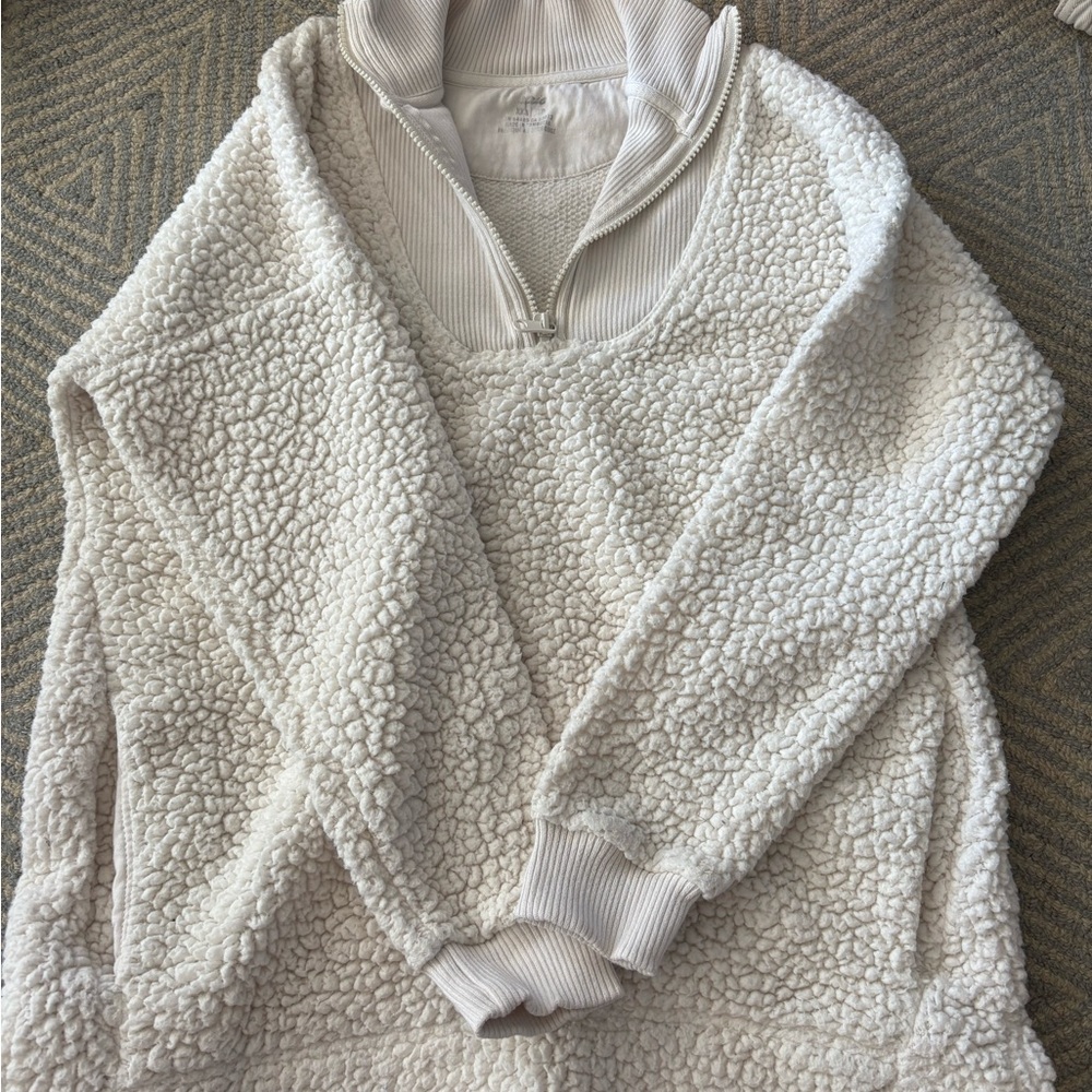 Aerie Cream Sherpa Quarter-Zip Sweater